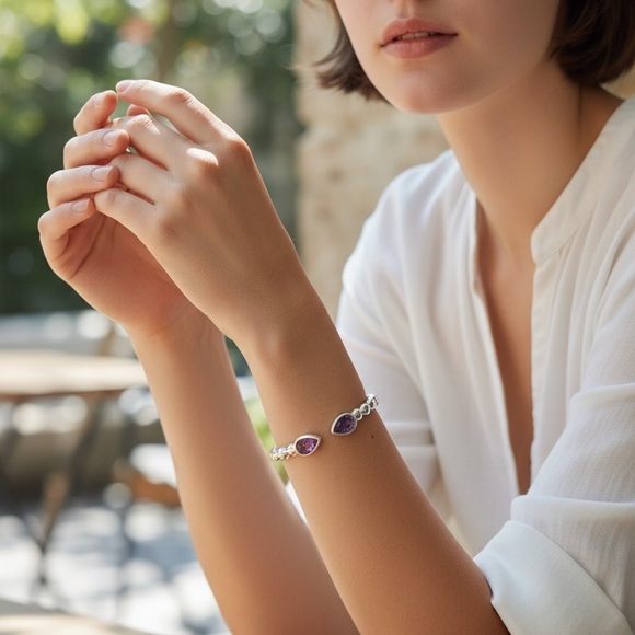 Sterling Silver Bracelet Gabriel & Co Bujukan Pear Shape Amethyst Split Bangle - Picture 9 of 9
